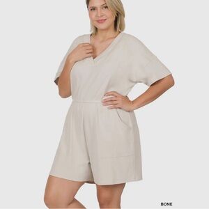 Bone Plus Size Drop Shoulder V-Neck Romper with Pockets